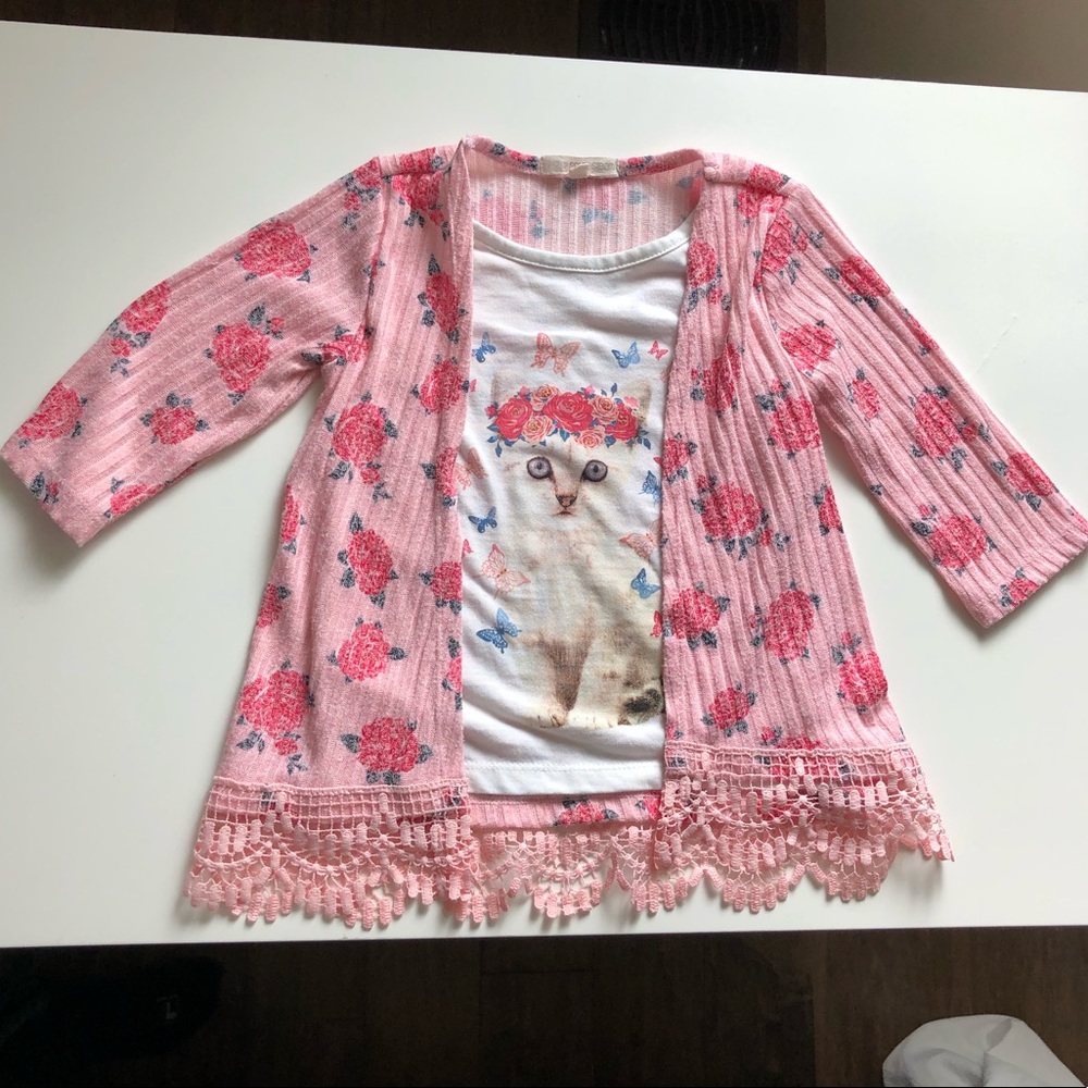 3T Girls: Cat Shirt & Floral Sweater